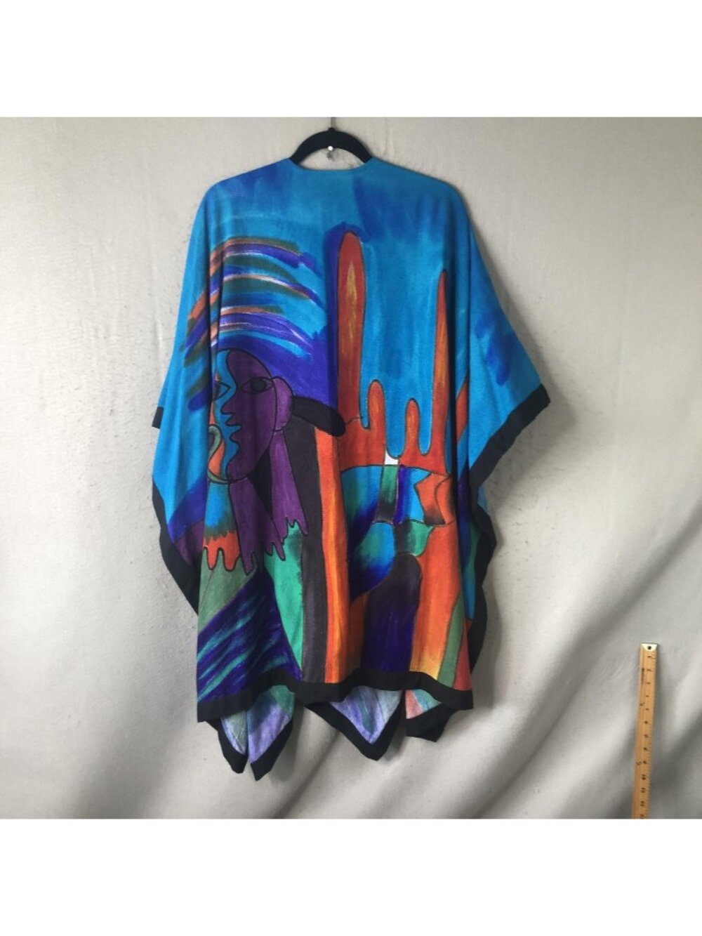 Statement Poncho Womens One Size Multicolor Silk Abstract Art To Wear Boho